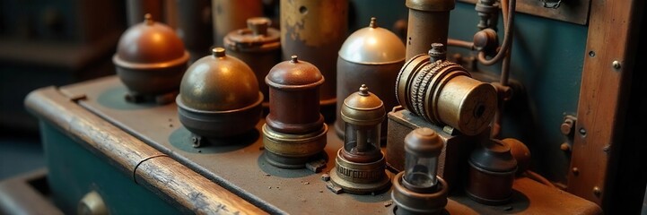 Vintage Electrical Components A Nostalgic Close-Up of Aged Brass and Porcelain Insulators, Wires, and Retro Machine Parts, Showcasing the History of Electrical Engineering.