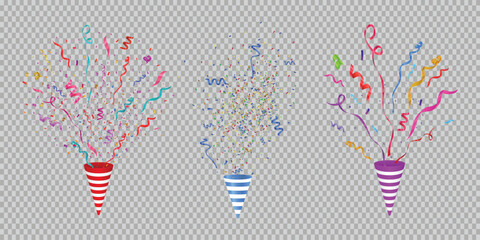 Obraz premium Realistic party popper explosion with colorful confetti isolated on transparent background, perfect for celebrations, events, digital design, or overlays