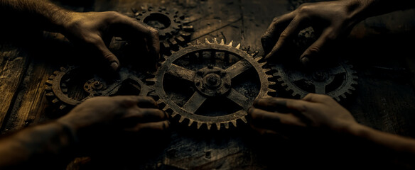 Four hands arrange rusty gears on a wooden surface in dim light