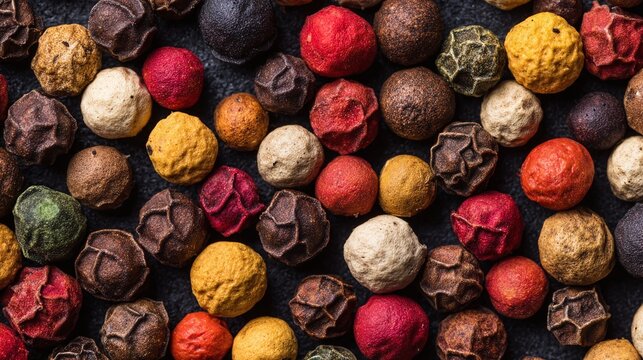 A colorful assortment of various dried spice peppercorns fills the frame, creating a textured and aromatic visual treat on a dark surface.