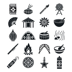 Minimal Ethnic Tradition Icons in Black Line Style – Cultural Heritage, Folk Symbols, and Ritual Elements.