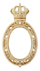A luxurious, ornate oval gold frame with crown, floral and leaf motifs. Regal and vintage appearance. Perfect for classic art, antique design elements, or decorative projects. SVG