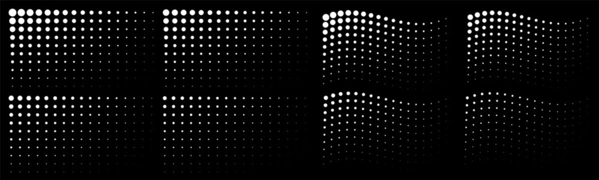 Set of white halftone circle dots gradient pattern textures on white background. Corner half tone dots backgrounds. Horizontal templates using halftone dots pattern. Vector illustration