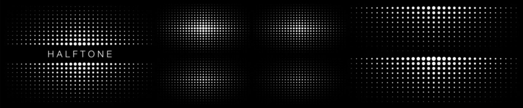Set of white halftone dots curved gradient pattern textures background. Curve dotted spots using half tone circle dot texture. Halftone design elements collection. Vector illustration.