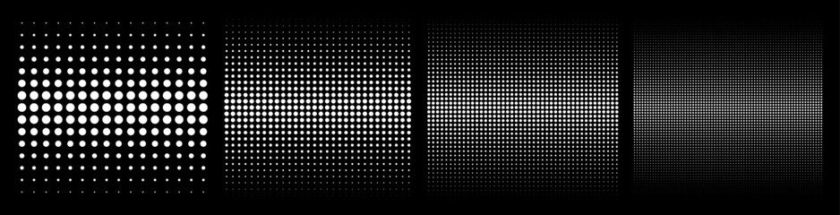 Set of white halftone circle dots gradient pattern textures. Half tone dots backgrounds. Horizontal templates using halftone dots pattern. Vector illustration