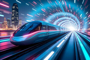 Sleek silver maglev train speeding through a futuristic tunnel with light trails and a cityscape backdrop enhancing its appeal