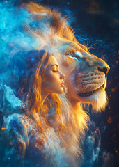 A beautiful illustration of a woman and a lion in profile, misty and magical aesthetic, symbol of strength