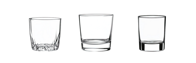 Three different sizes of short, square drinking glasses