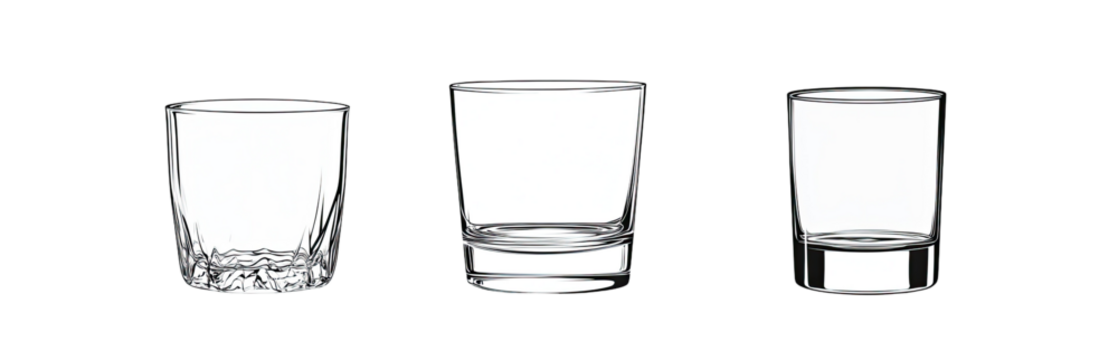 Three different sizes of short, square drinking glasses
