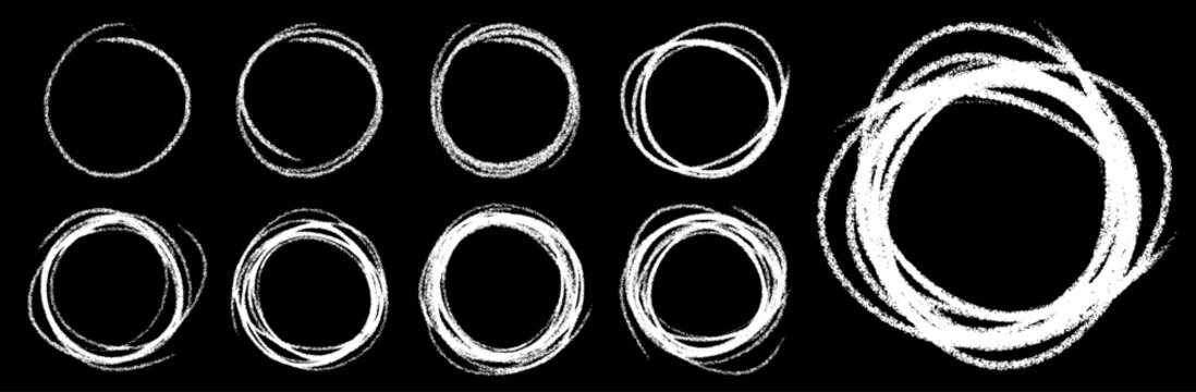 Set of hand drawn white circles using sketch drawing scribble circle lines. Doodle circular logo design elements. Vector hand drawn frames.