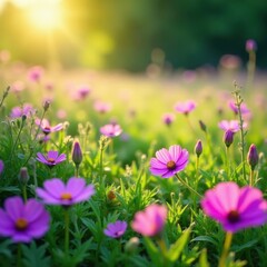 Fototapeta premium Vibrant purple & pink wildflowers carpet a sun-drenched meadow , carpet, flora, floral carpet