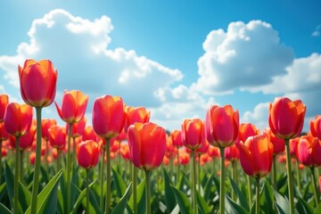 Vibrant tulips bloom under a cloud-studded azure sky , blossom, plant
