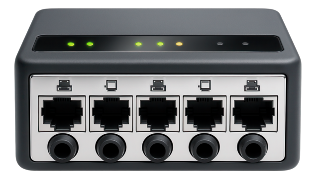 Ethernet-based control block with RJ45 ports and status LEDs for networked systems