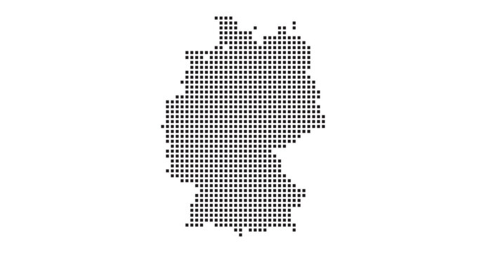 Germany map represented with black square dots on a white background symbolizing data, network or digital geographic representation with precision and modern design with a technological flair