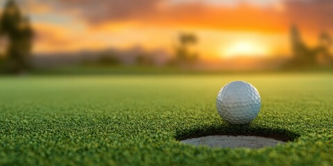 The golf ball resting near the hole at sunset on a beautiful golf course.