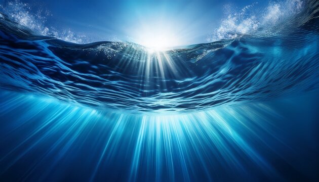glorious blue ocean waves illuminated by ethereal light rays creating a bioluminescent glow beneath the surface