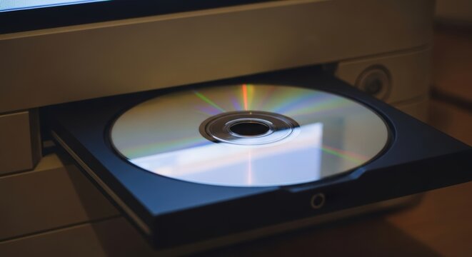 A cd-r in a computer's disc tray, ready to be burned