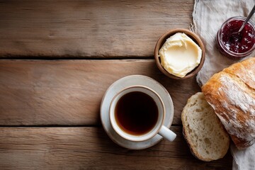 焼きたてのパンとコーヒーの朝食（モーニング・バター・ジャム）