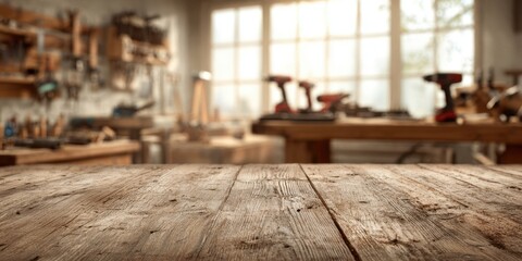 The rustic wooden workbench in a well-equipped workshop setting