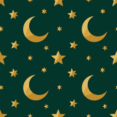 Bright cartoon vector illustration of a crescent moon and stars in a dark blue night sky
