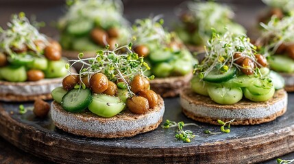 Delicious vegan canapes with cucumber, sprouted beans, and microgreens on a rustic wooden board. Healthy appetizer, tasty snack, or elegant party food.
