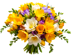 Romantic Freesia Flower Bouquet in Yellow and Purple Tones, isolated on a transparent background.