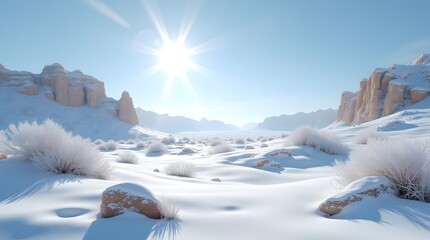 A snow covered landscape shines under a bright sun, with arid mountains, sparse vegetation and blue sky creating a cold winter wilderness scene.