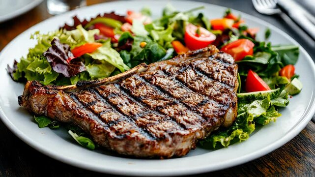 Savor the deliciousness of perfectly grilled steak accompanied by a colorful and healthy salad mix, offering a delightful dining experience