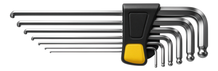Extra-long hex key set with ball ends for reaching deep bolts in an automotive repair garage.