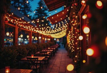 Restaurant patio adorned with festive lights creating a warm atmosphere