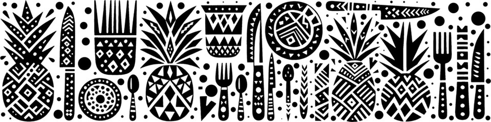 Fototapeta premium Hand‑Drawn Pineapple and Fruits Illustration, Tribal Tropical Folk Art Pattern Vector for Summer and Organic Food Theme Designs