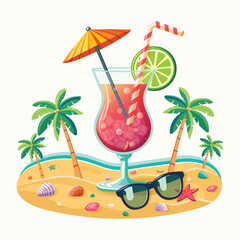 Colorful cocktail with straw, umbrella and lime on the beach with palm trees on white background. Hello Summer concept. Poster, Banner, Flyer, Greeting Card. Vector illustration in flat cartoon style