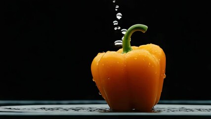 A vibrant yellow bell pepper makes a splash as water droplets fly off against a black backdrop, showcasing its freshness and texture - Powered by Adobe