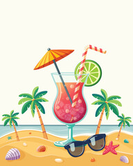 Colorful cocktail with straw, umbrella and lime on the beach with palm trees on white background. Hello Summer concept. Poster, Banner, Flyer, Greeting Card. Vector illustration in flat cartoon style