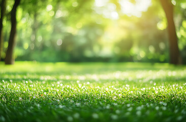 Naklejka premium Beautiful blurred background of a natural spring green park with trees and grass on a sunny day. Abstract bokeh summer, fall, or winter garden landscape banner for a wallpaper or backdrop. 