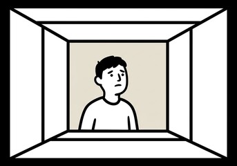 Sad Man Trapped in a Box or Isolated Room - Conceptual minimalist illustration depicting feelings of confinement, loneliness, or mental health struggles.
