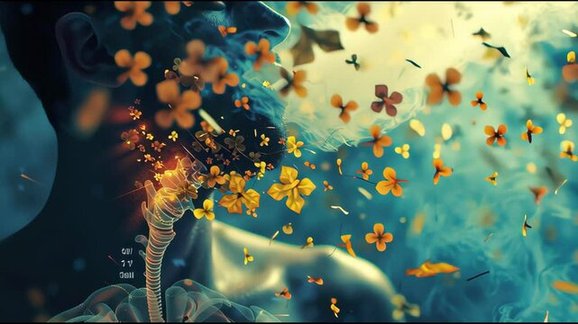 High-detail medical visualization of inflamed airway networks in the chest region during an acute asthma attack triggered by chemical irritants