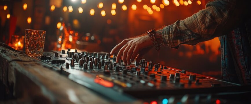 Dj operating sound mixer in nightclub