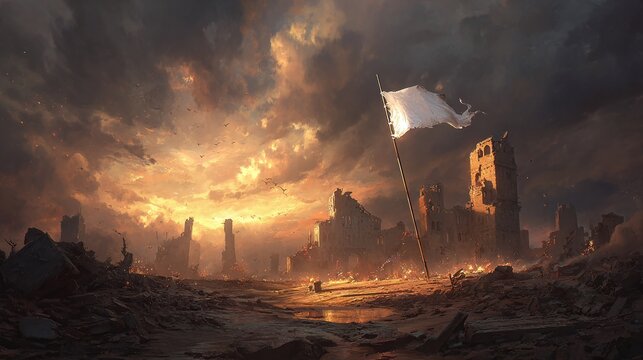 Post-apocalyptic landscape with ruins under a fiery sky, a torn white flag standing amidst the devastation, symbolizing surrender or hope in despair.