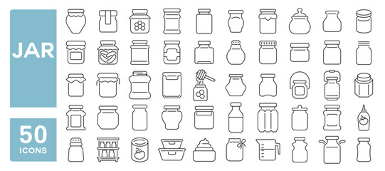 Set of 50 line icons related to jar, glass, conserve, jam, honey, glass jar, Editable stroke. Vector illustration