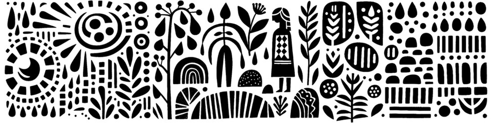 Hand‑Drawn Girl and Stone Yard Garden Illustration, Tribal Natural Folk Art Pattern Vector for Outdoor and Countryside Adventure Themes Design