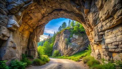 Road passes through a natural rock tunnel in a scenic landscape
