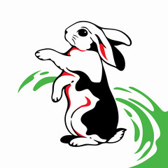 Cute Black and White Rabbit Illustration, Standing, Green Swirls