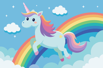 Cute Unicorn Leaping Over a Rainbow with Clouds and Stars Illustration