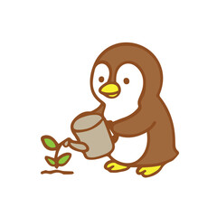 Cute Cartoon Penguin Watering a Plant