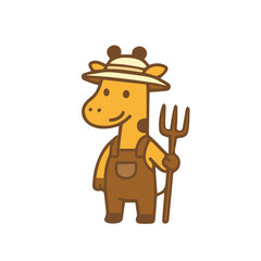 Obraz premium A Smiling Cartoon Giraffe Farmer Holding a Pitchfork