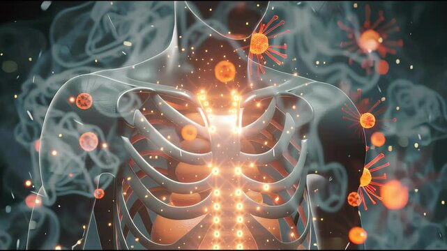 Interactive 3D map of torso highlighting areas of red hive clusters, edema and inflammatory markers, designed for allergy education and rapid diagnosis