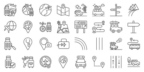 Road Trip Tourism Guide set of web icons in line style. road trip, tourism guide, road trip planner, travel by car, scenic route and road travel. Vector illustration