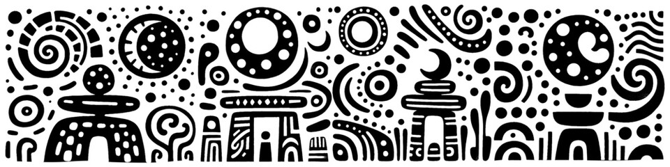 Hand‑Drawn Stone and Crescent Illustration, Tribal Celestial Folk Art Pattern Vector for Mystical and Nature-Inspired Theme Designs