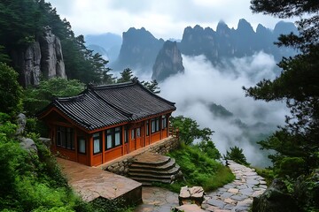 Mountaintop House with Misty Peaks. (1)
